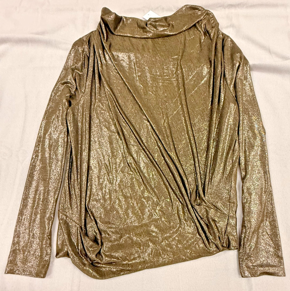 DKNY Womens Metallic Dark Olive Draped Long Sleeve Top Blouse Size L NWT